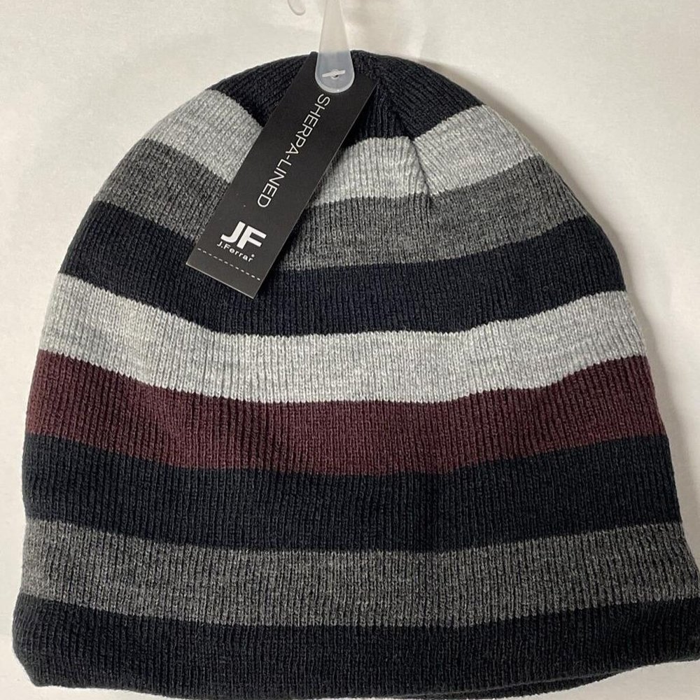 J FERRAR WINTER HAT BEANIE BLACK STRIPED BRAND NEW WITH TAG, Retails For $22